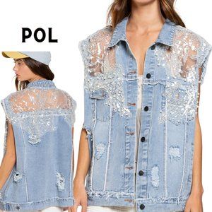 POL Distressed Denim Trucker Vest Glam Lace Overlay With Pearls & Sequins NWT